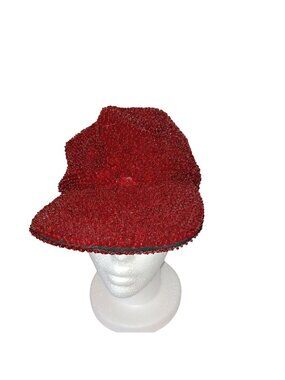Newsboy Cabbie Cap Red Vintage Sassy Sequined Beaded Glam Adjustable Casual Hat